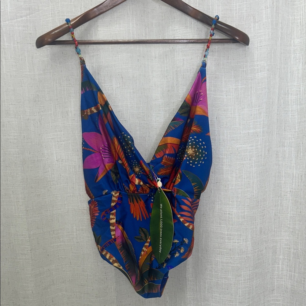Farm Rio MaCaw Party Tropical Floral Blue One-Piece Swimsuit Size Large NWT